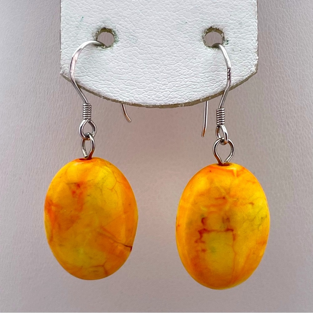 Beautiful Sterling Silver Yellow Howlite Dangle Earrings 925 Boho Natural Stone
